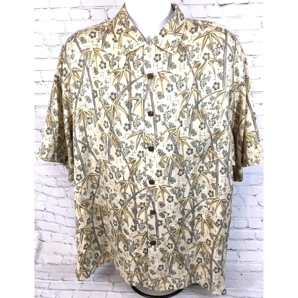 Bermuda Bay Hawaiian Shirt Mens Size XL 100 Percent Silk  Short Sleeve Beiges